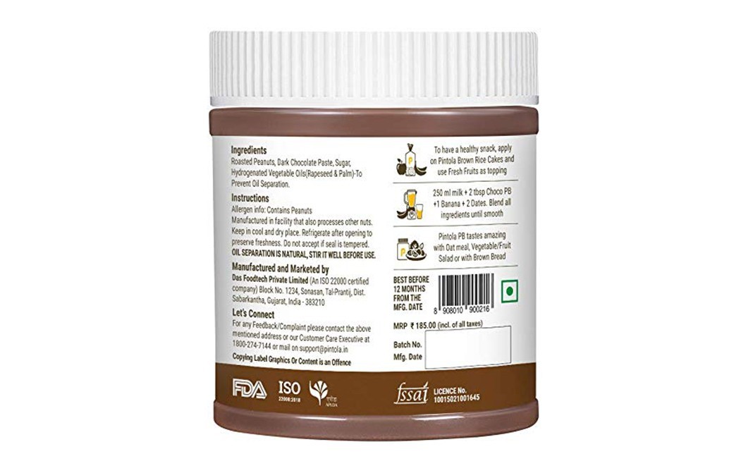 Pintola Peanut Butter Dark Chocolate Crunchy   Plastic Jar  350 grams